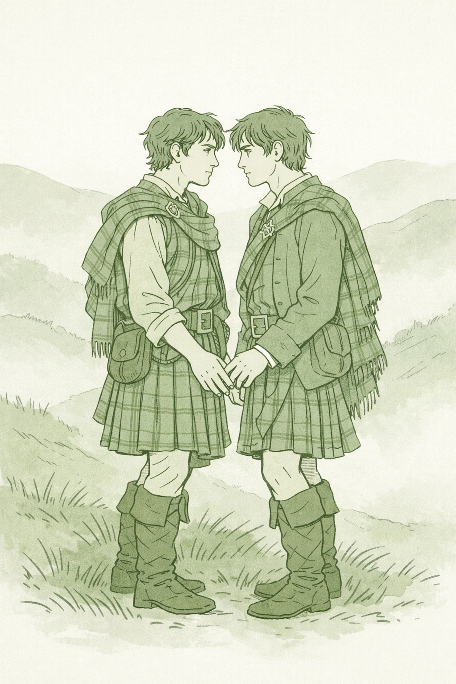 Two Highland step-brothers share intimate moment on misty Scottish hillside in 18th century