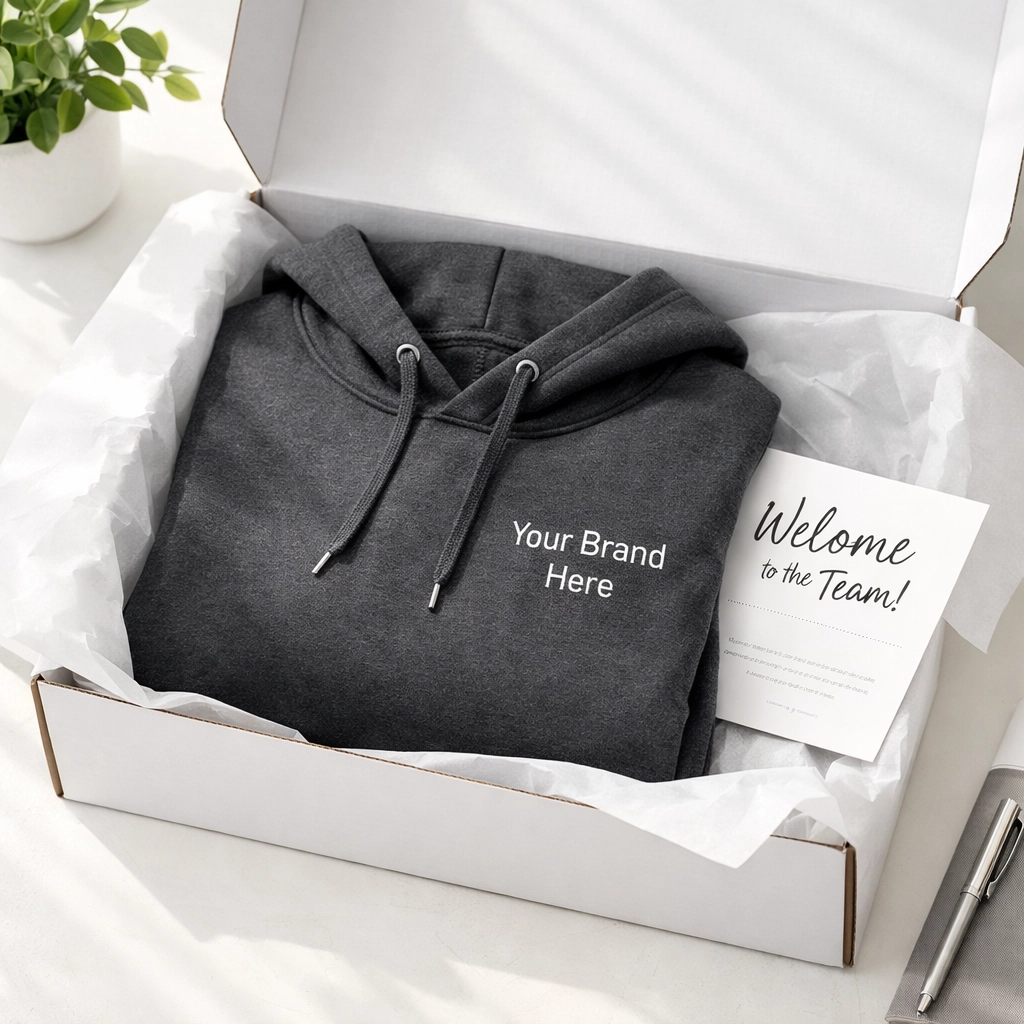 Unboxing a custom employee onboarding kit featuring a branded charcoal grey hoodie and welcome card.