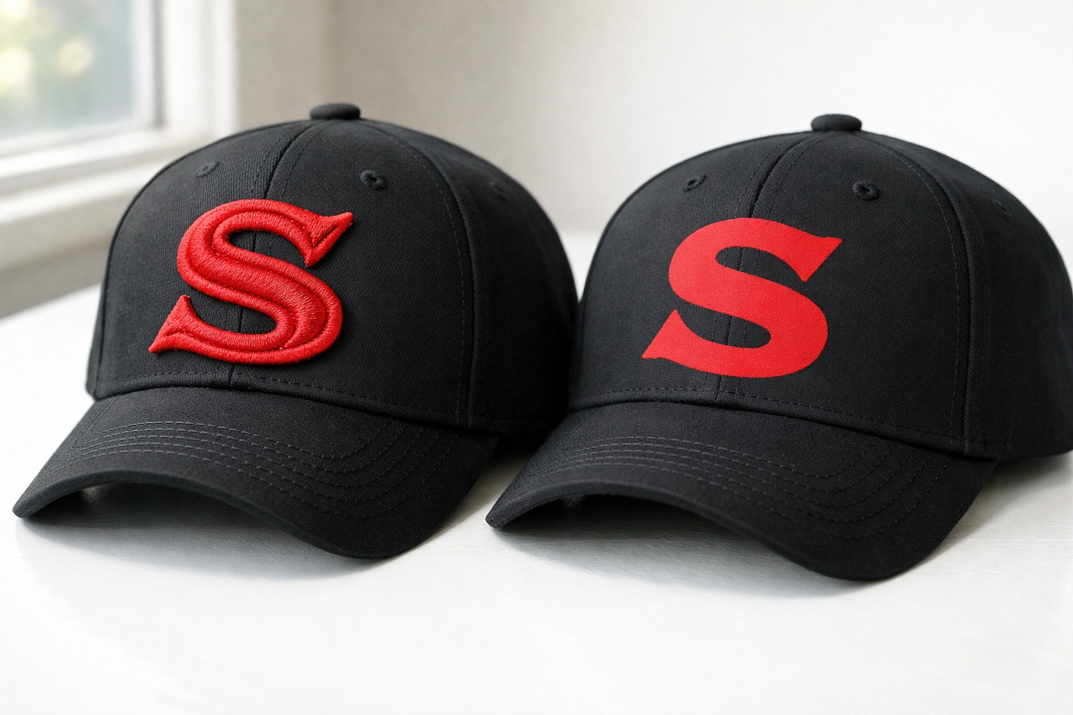 Side-by-side comparison of embroidered and printed custom hats showing texture difference
