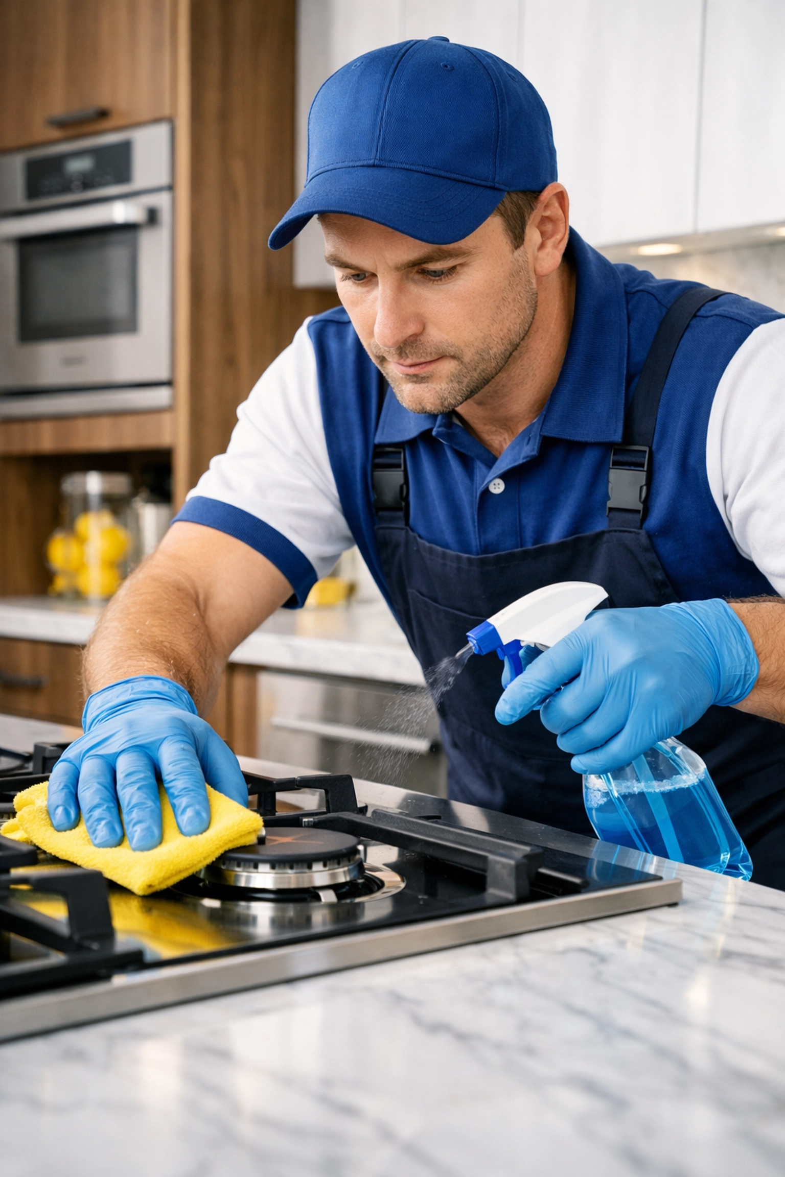 Professional cleaning expert meticulously detailing a high-end kitchen for the best cleaning services near me.