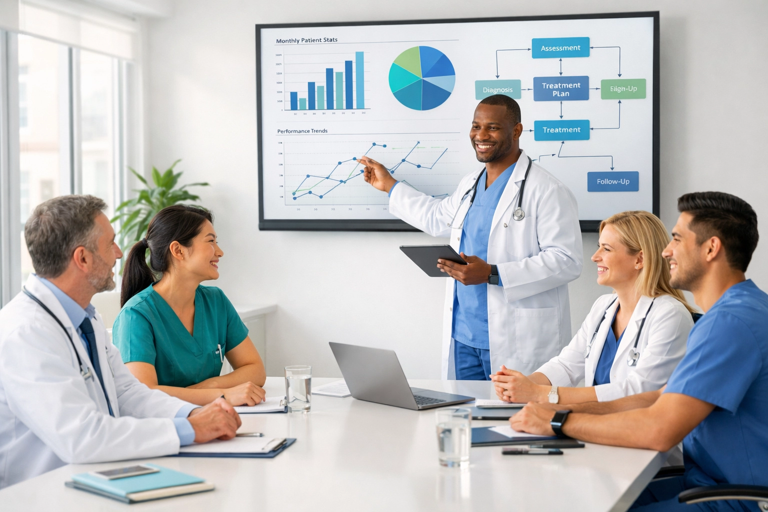 Healthcare team reviewing prior authorization workflow analytics and performance metrics