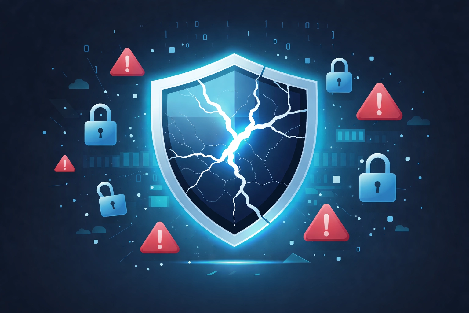Illustration of a cracked digital security shield with warning signs, highlighting software vulnerabilities risk