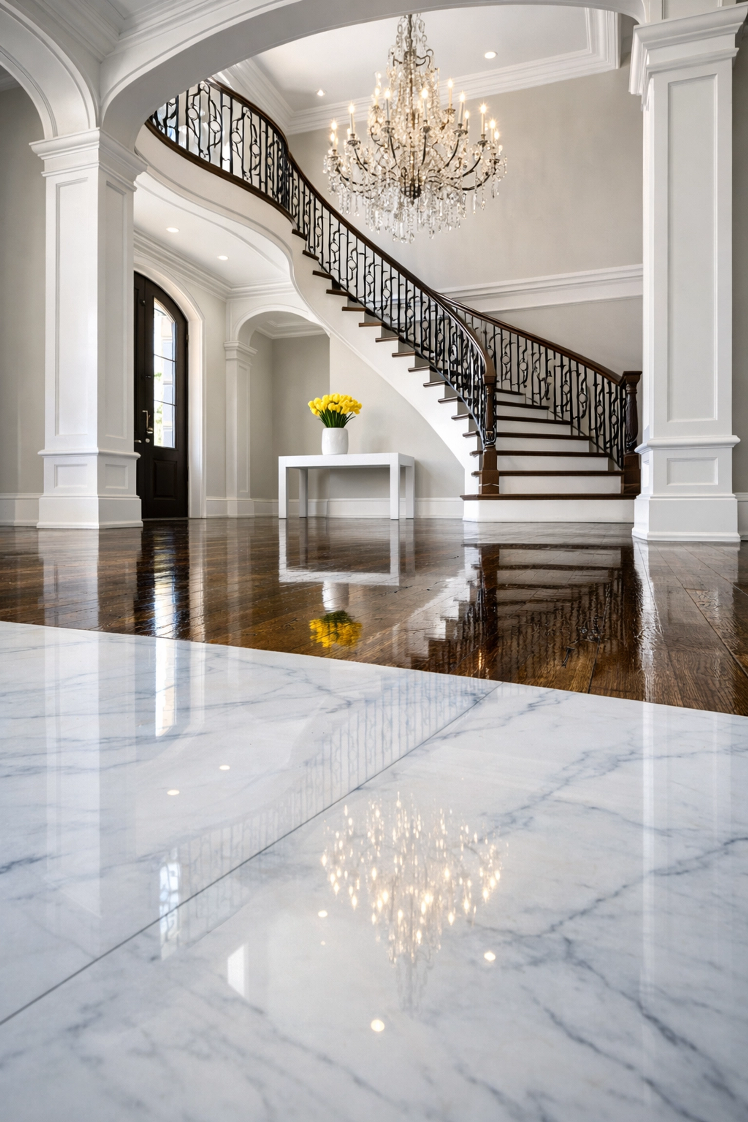 Pristine marble and hardwood entryway in an Andover estate showcasing luxury cleaning secrets.