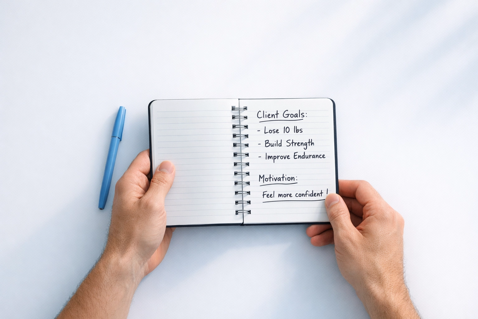Personal trainer writing notes and planning client sessions with focus and intention