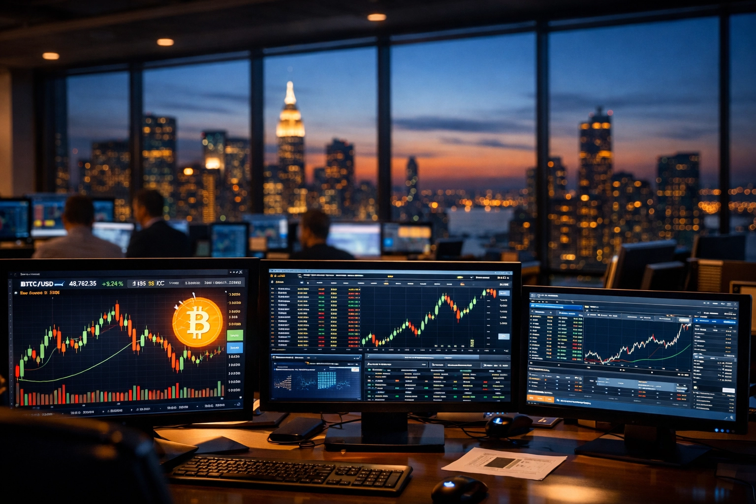 Institutional trading floor displaying cryptocurrency and traditional market data side by side