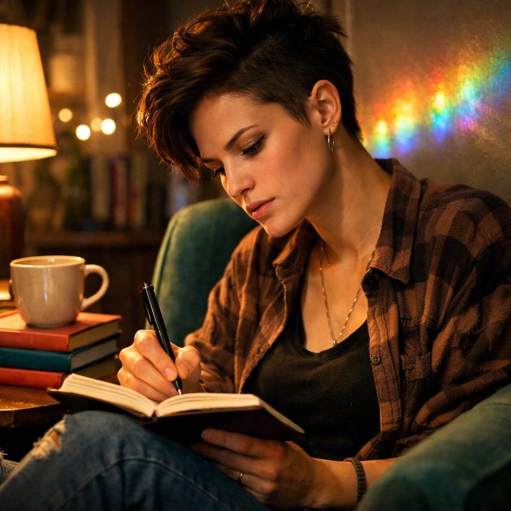A queer woman practicing her poetry lines in a cozy room, preparing to bring her written stories to the stage.