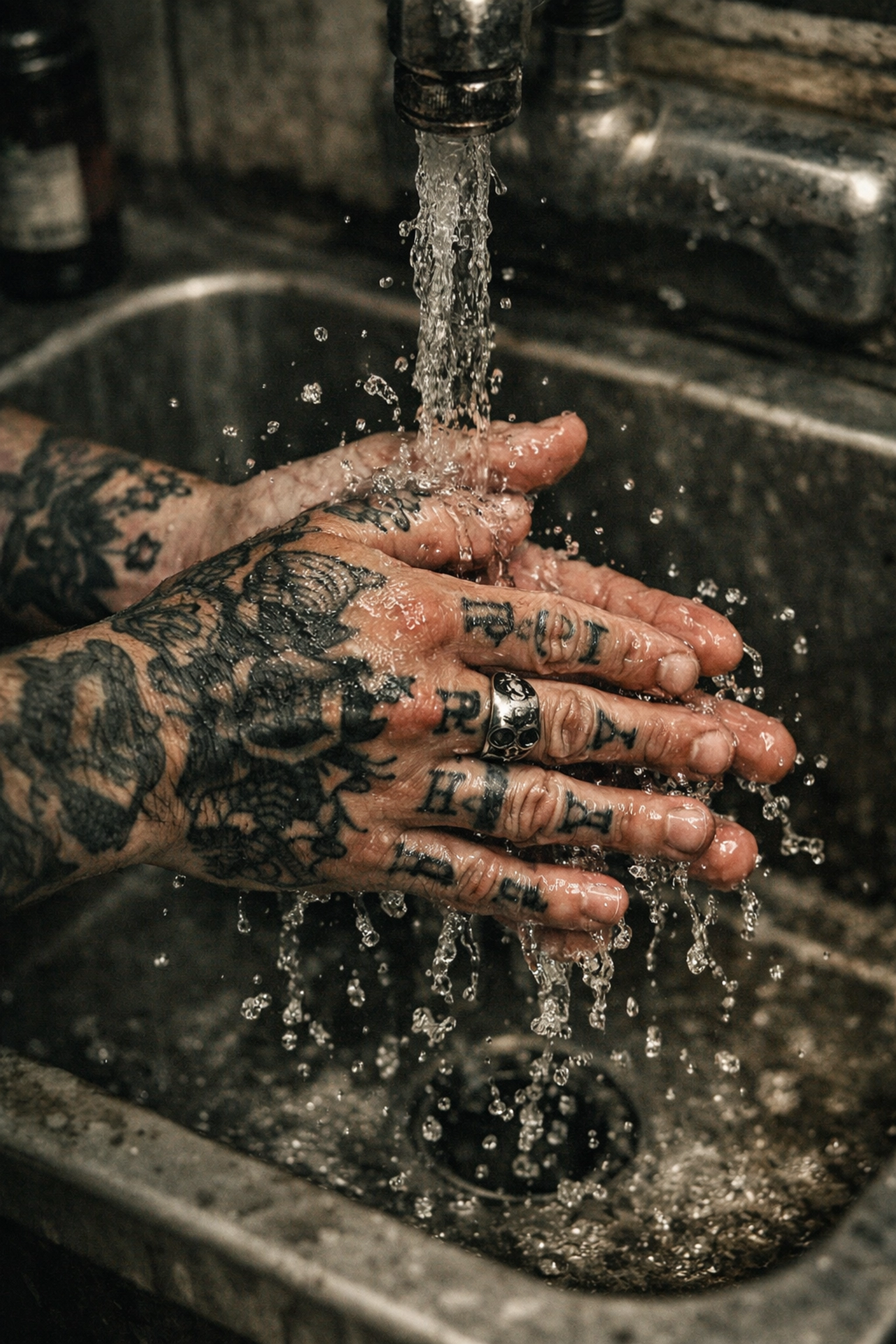 Tattooed hands being washed as part of proper tattoo and piercing aftercare instructions.