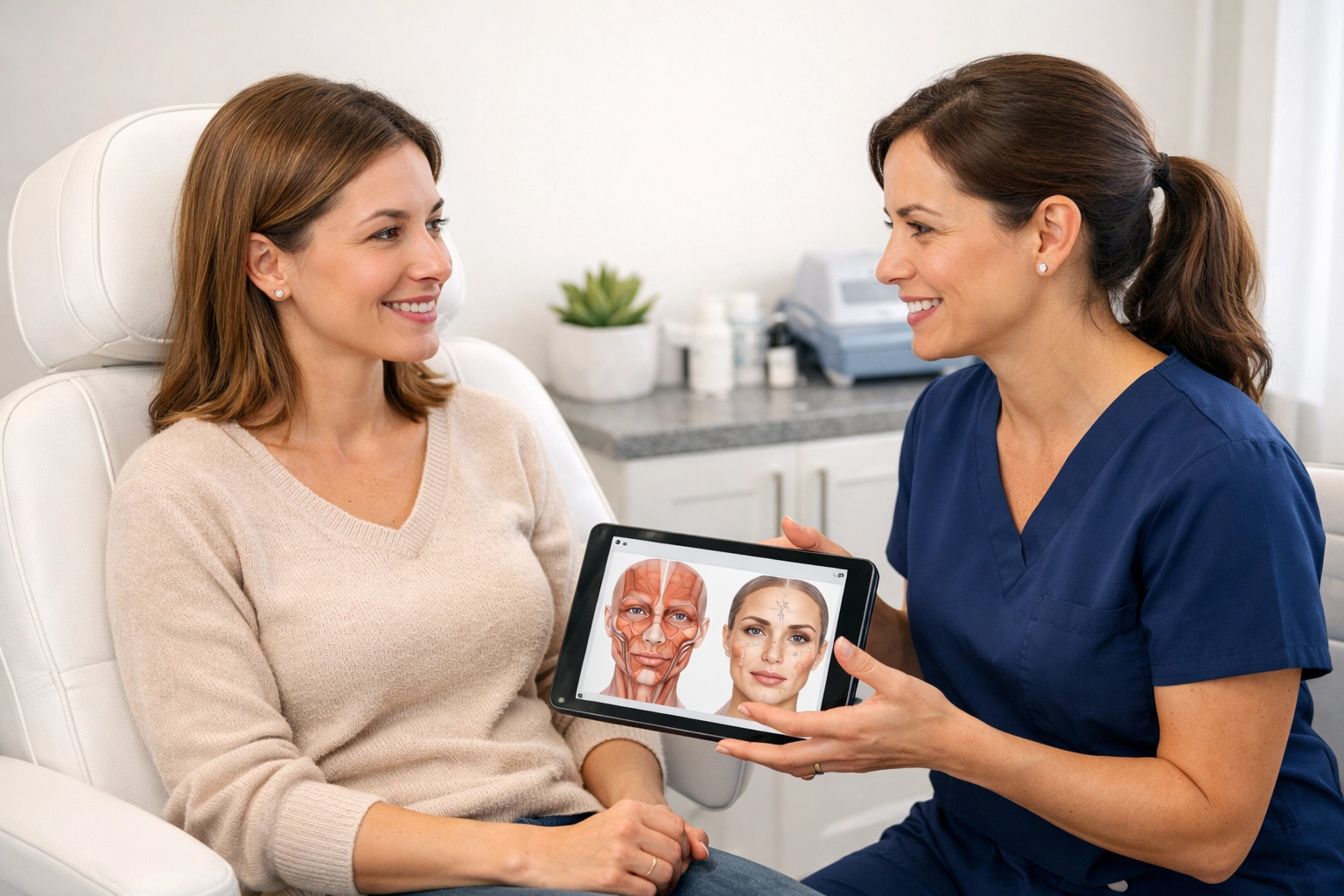 Doctor consulting with patient about skin treatments in a professional medical aesthetics clinic