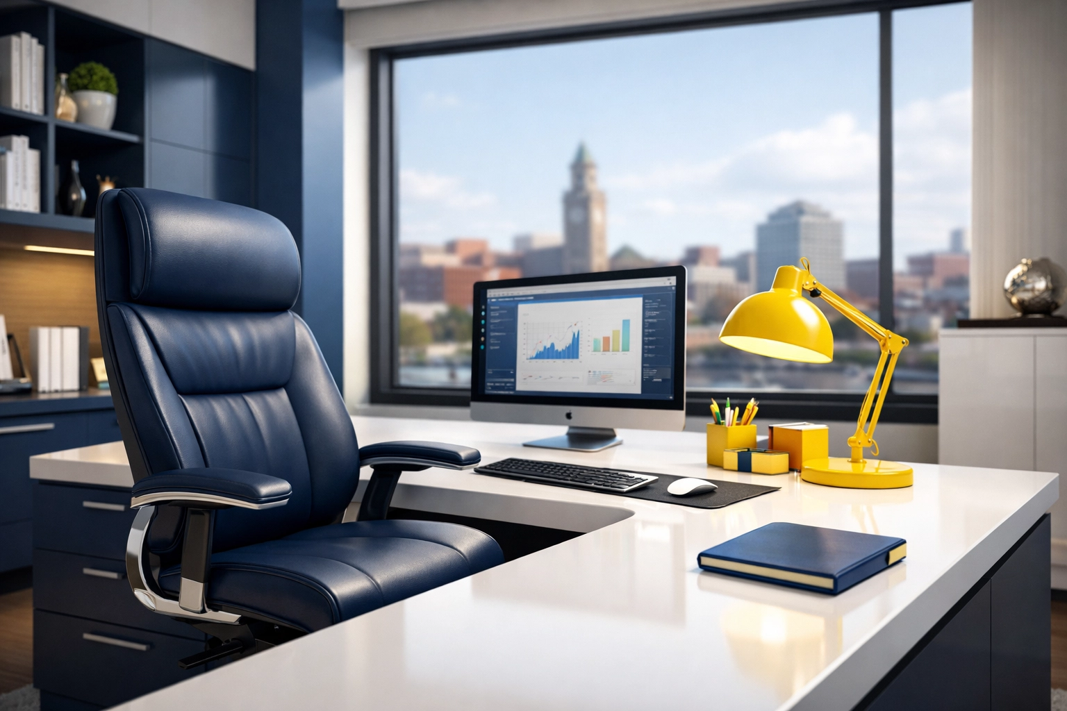 Immaculate Worcester home office with blue and white decor illustrating reliable office cleaning Worcester services.