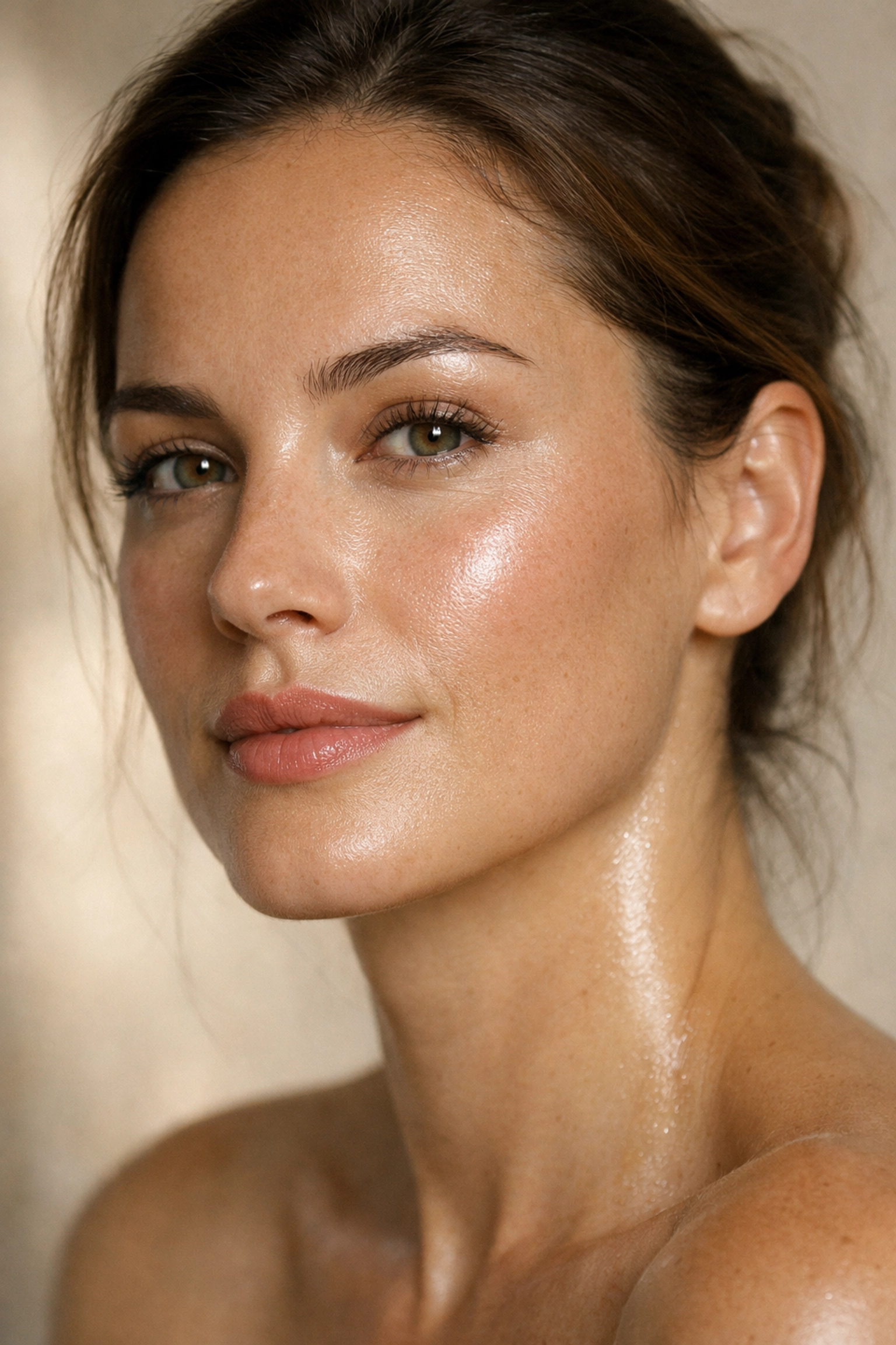Natural skin texture and highlights in a beauty portrait, demonstrating professional lighting secrets.