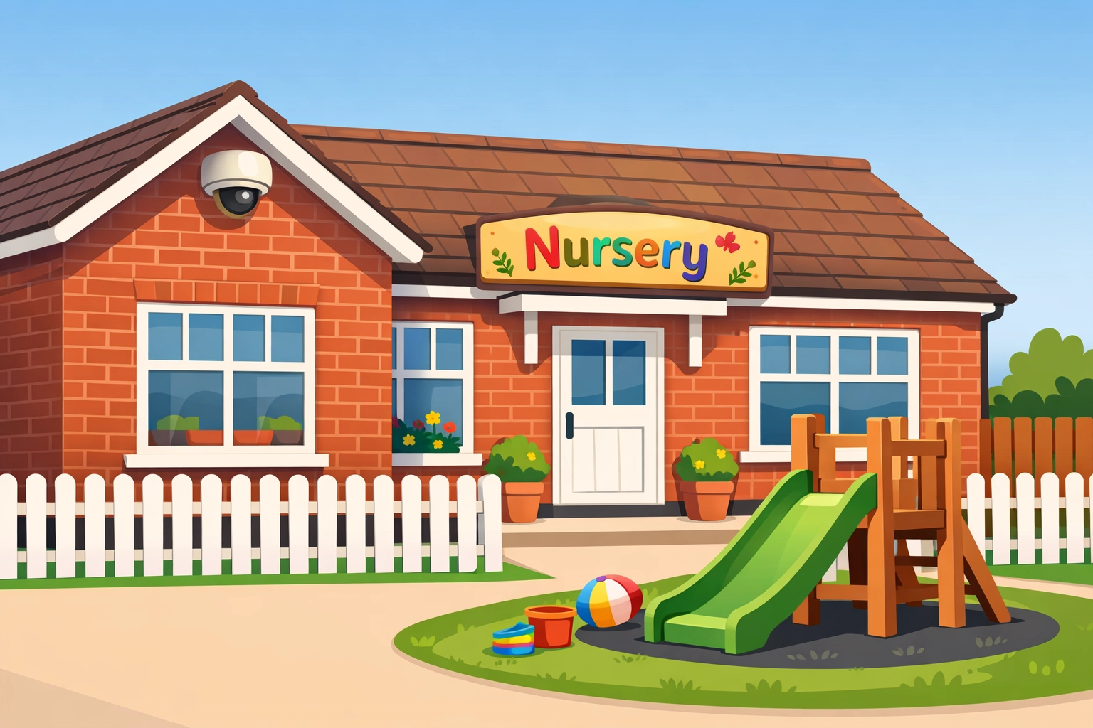 Modern UK nursery building in Weston-super-Mare featuring discreet CCTV installation for safeguarding children.
