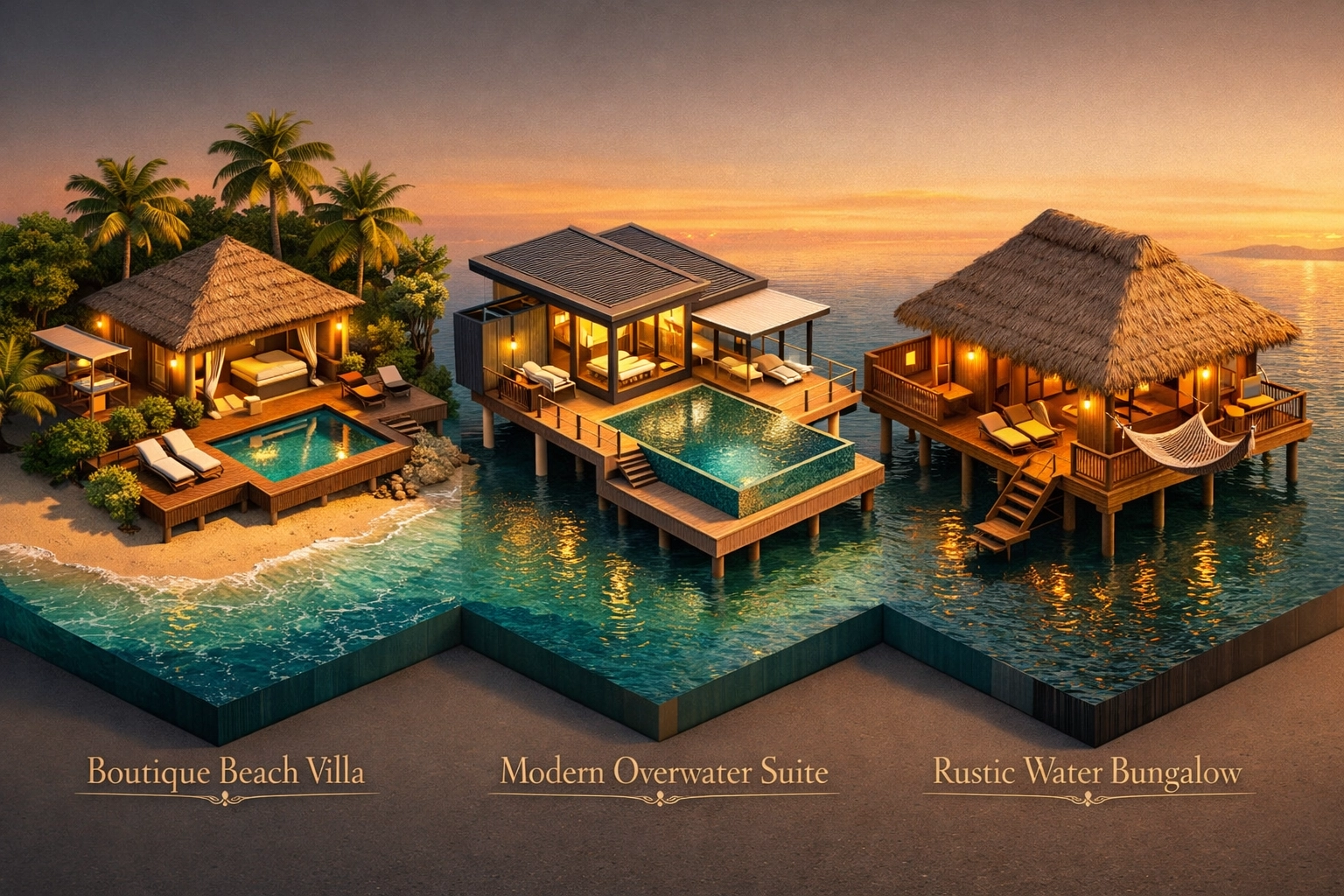 Comparison of luxury Maldives honeymoon villas: beach residences and private overwater suites.