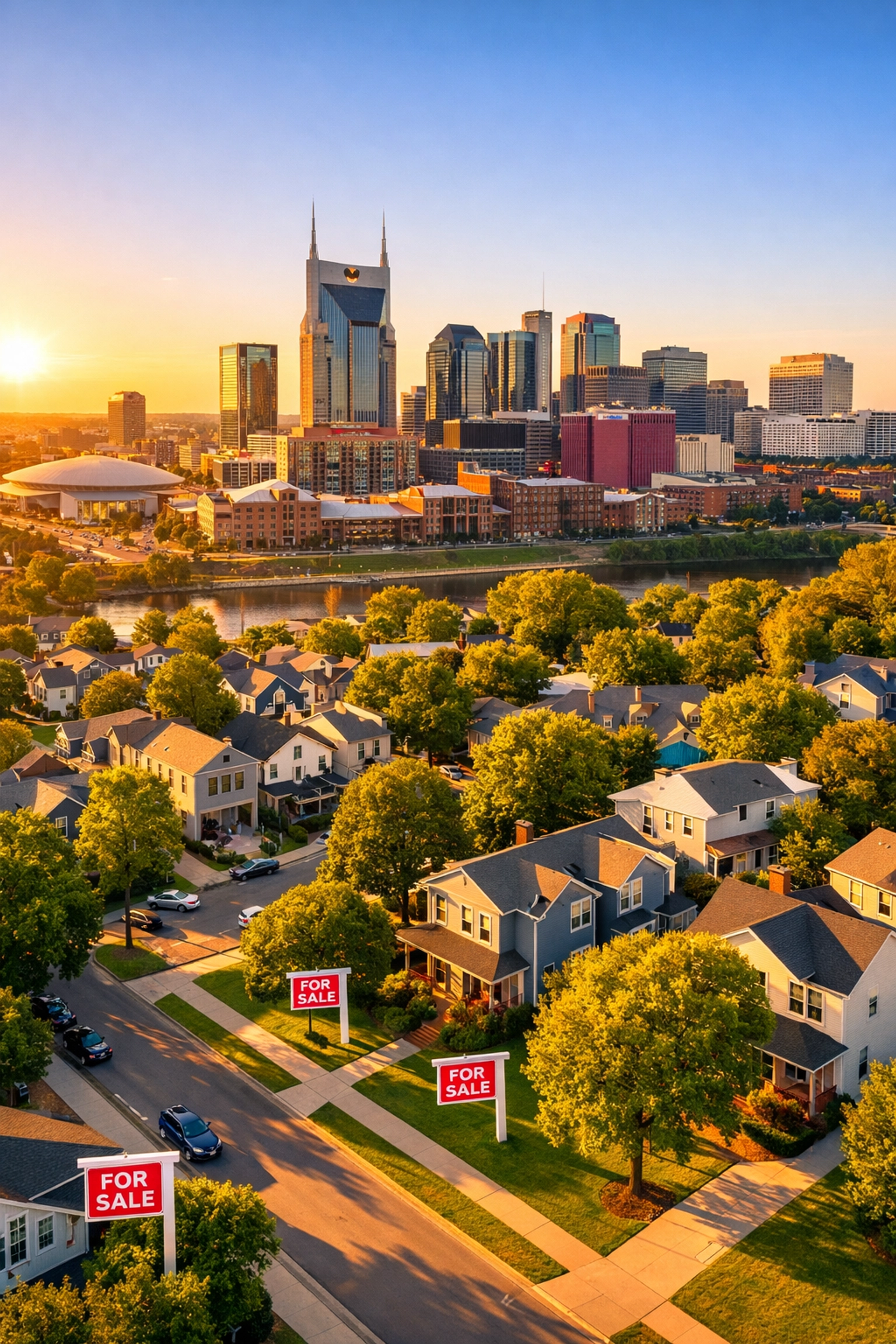 Aerial view of Nashville skyline and residential neighborhoods with homes for sale