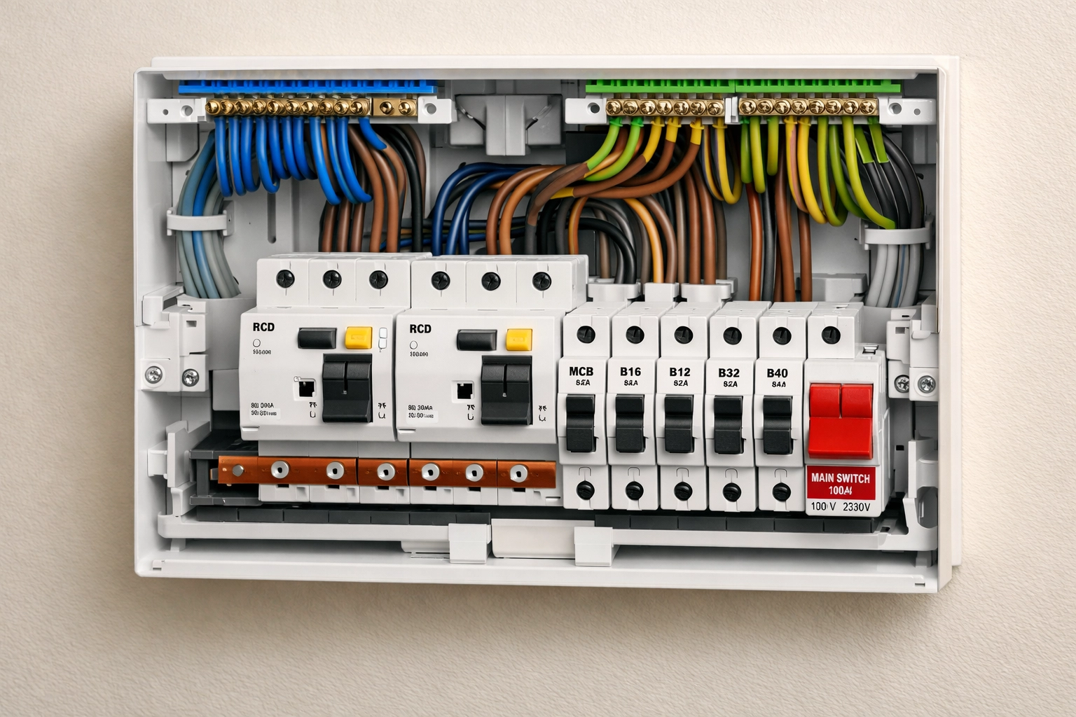 Modern UK consumer unit showing circuit breakers and RCD switches