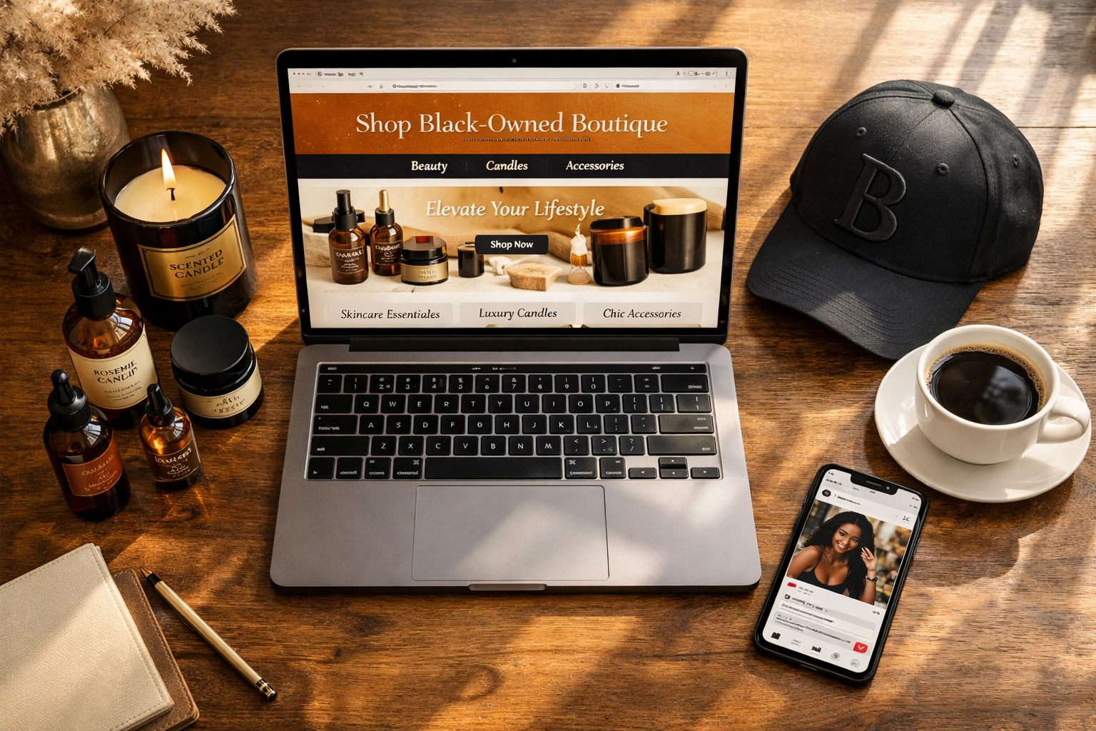 Laptop displaying online marketplace with Black-owned luxury candles and beauty products