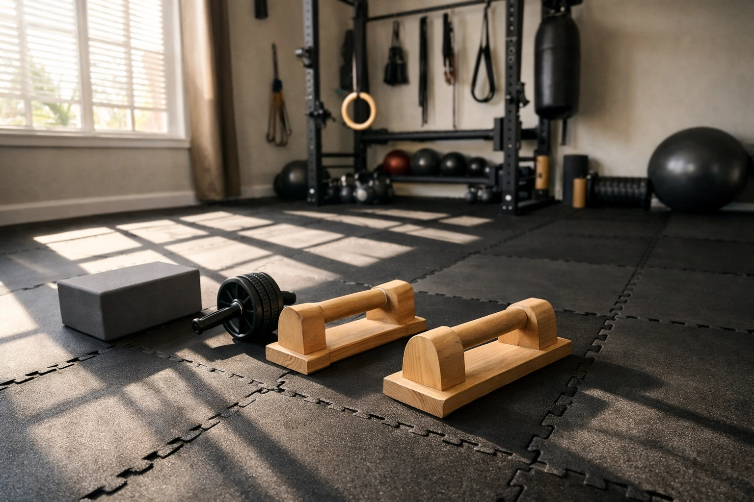 Home gym floor space with parallettes and training zones for bodyweight exercises