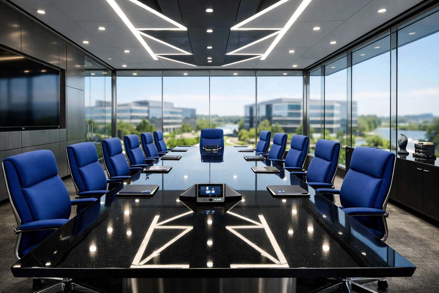 A pristine executive conference room featuring streak-free surfaces from expert office cleaning in Burlington.