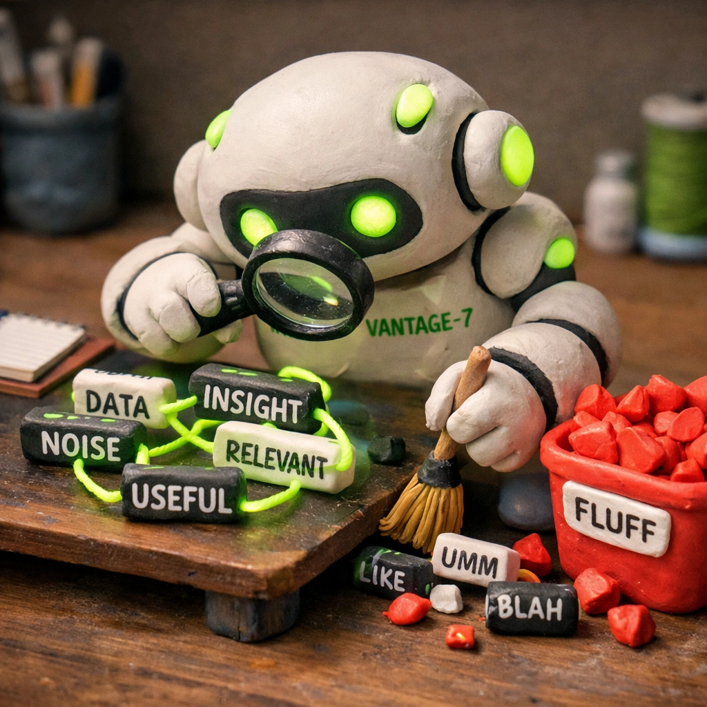 Claymation robot using a magnifying glass to connect resume keywords and filter out fluff.