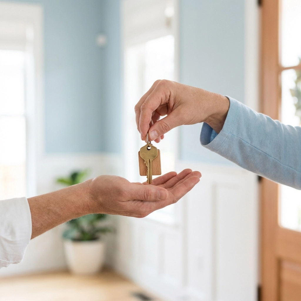 Close-up of hands exchanging house keys at a bright entryway, representing secure property transfer and title protection in real estate.