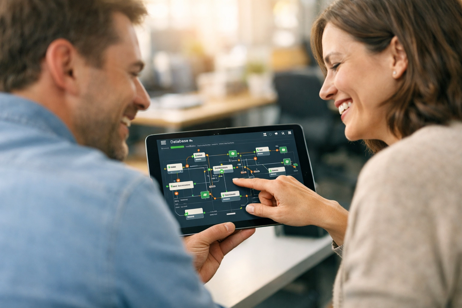 Colleagues reviewing a ServiceNow service map on a tablet to reduce MTTR and improve system reliability.