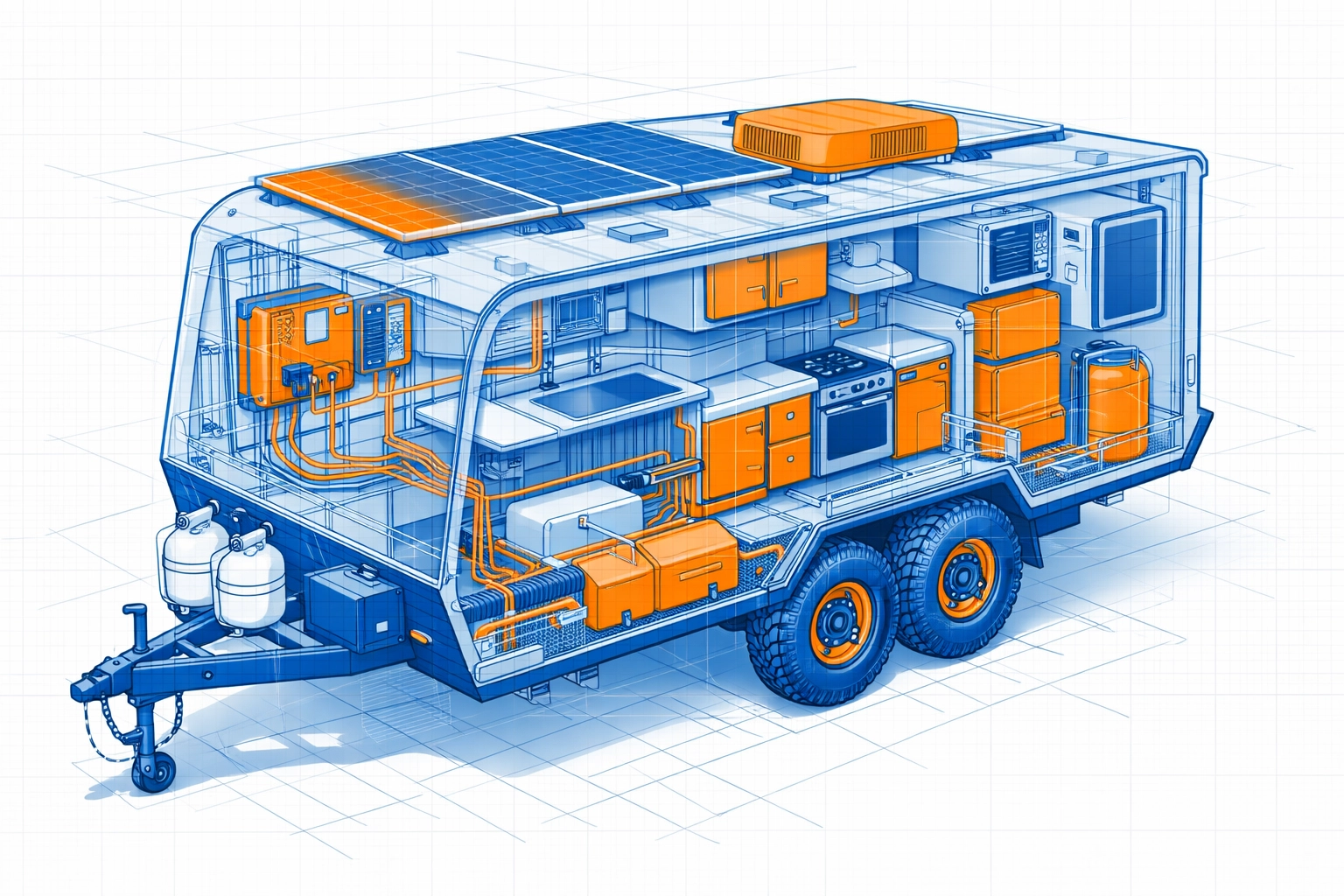RV extended service contract coverage diagram showing suspension, electrical systems, and solar components
