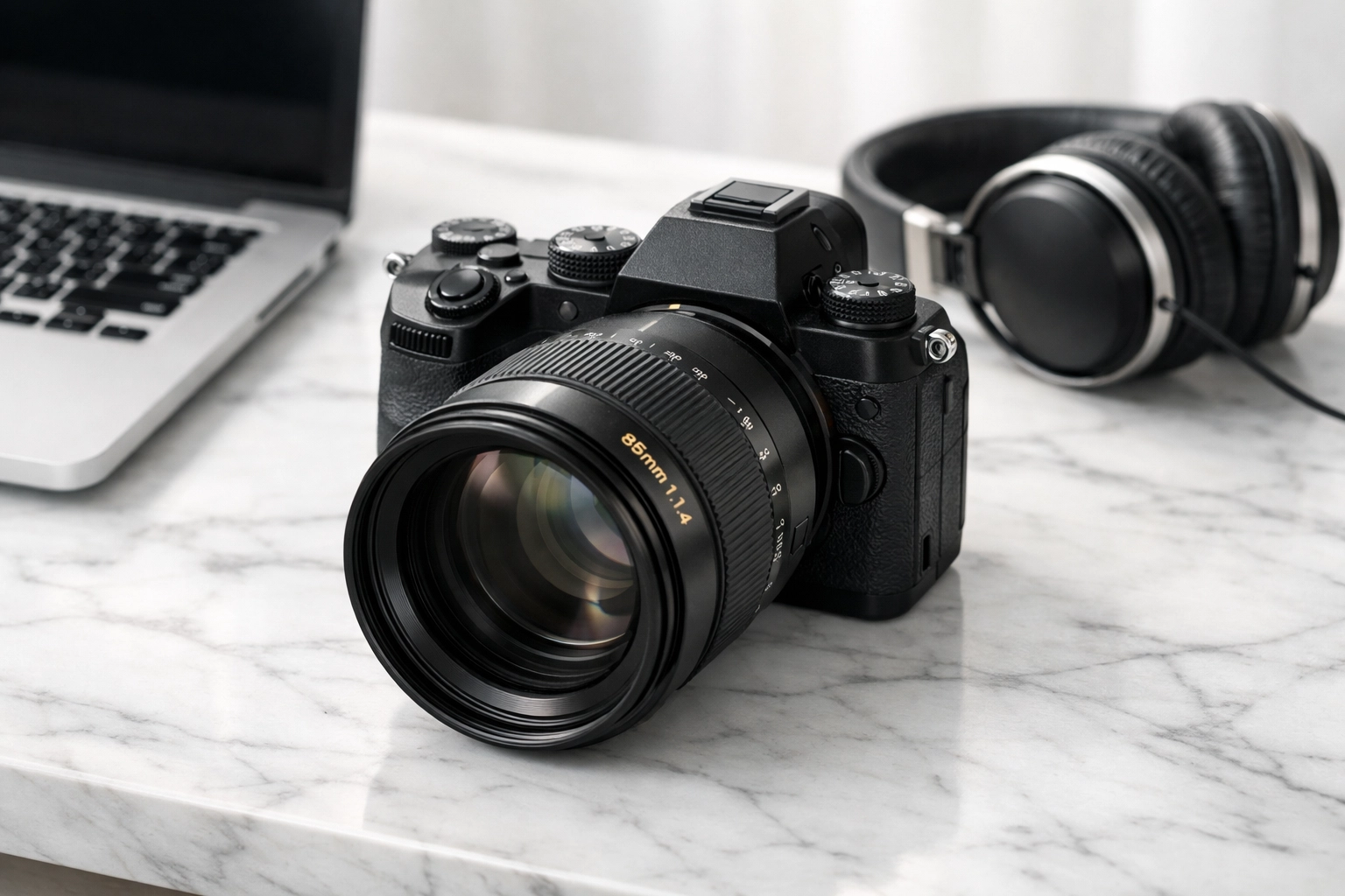 Professional camera gear and laptop on a clean workspace illustrating a secure photography business model.