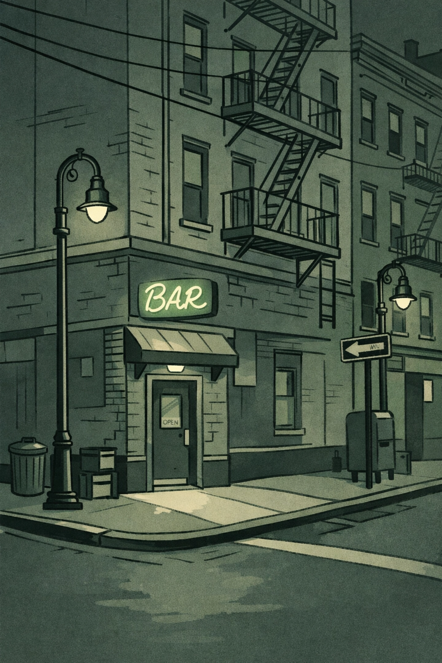 East Village NYC street at night showing dive bar entrance with neon sign and urban setting
