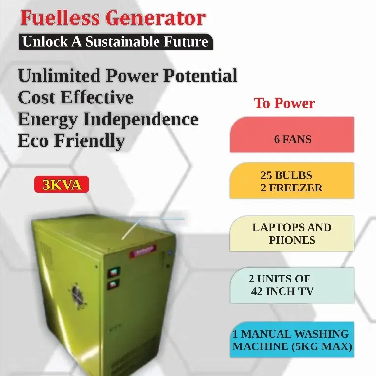 Obairawo 3KVA Fuelless Generator showcasing its ability to power fans, bulbs, freezers, and laptops.