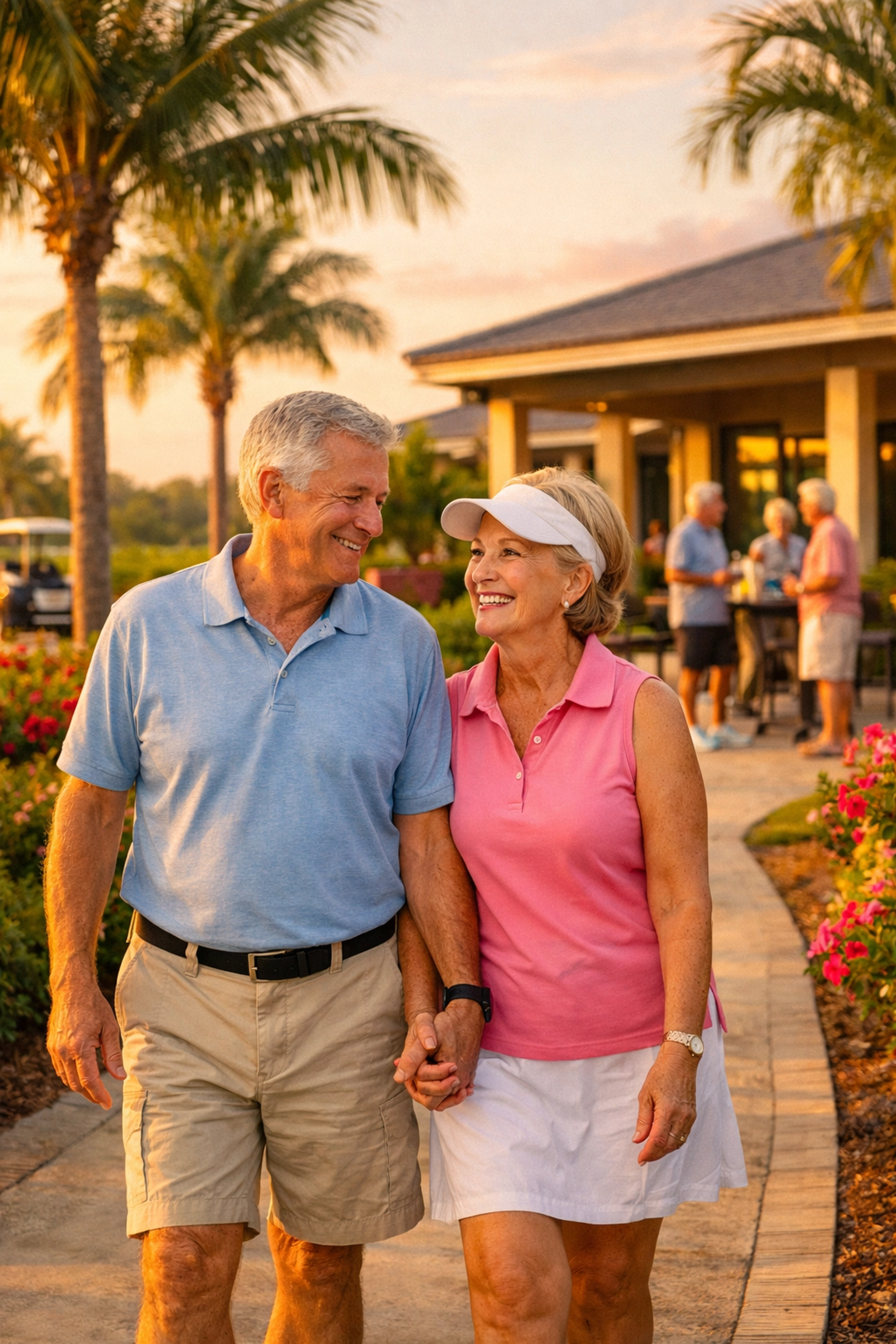 Active retirees enjoying golf cart path in Cape Coral 55+ community