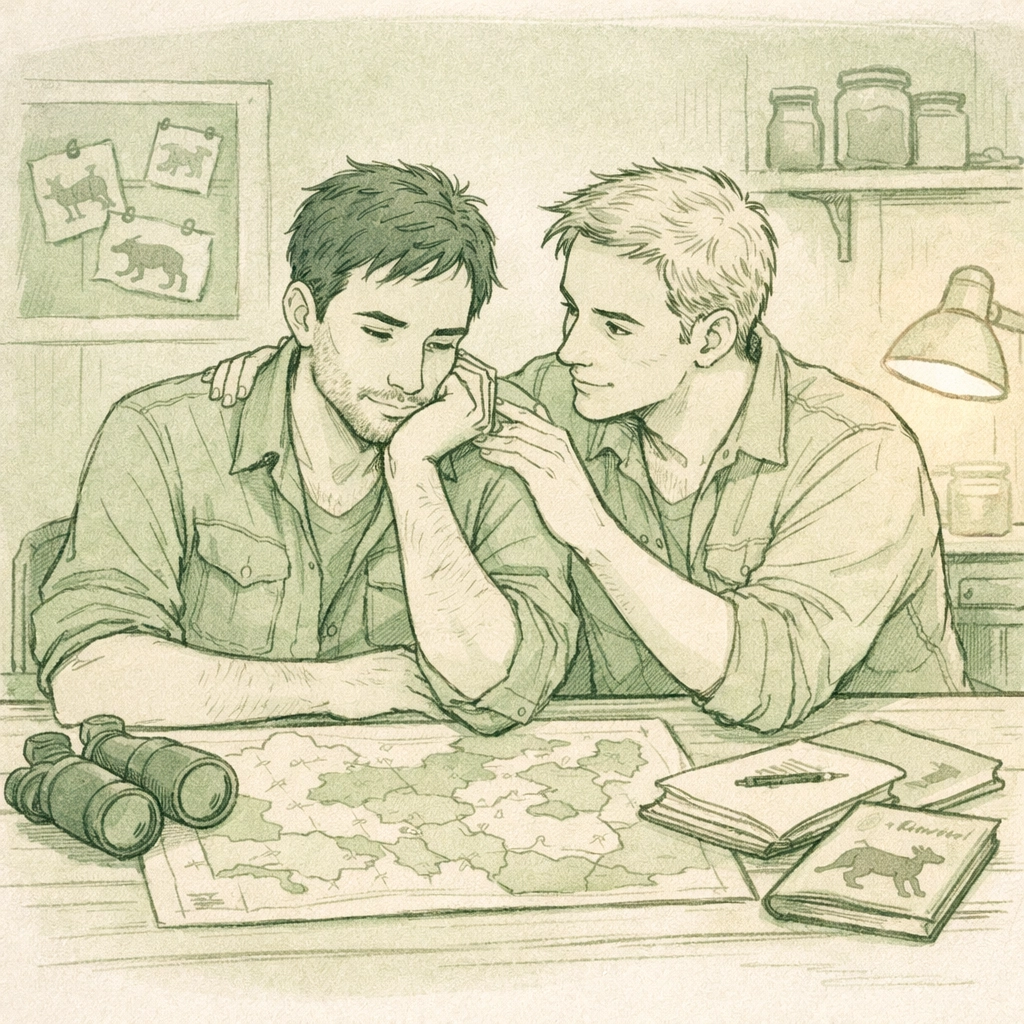 Gay conservation professionals collaborating on wildlife research and advocacy