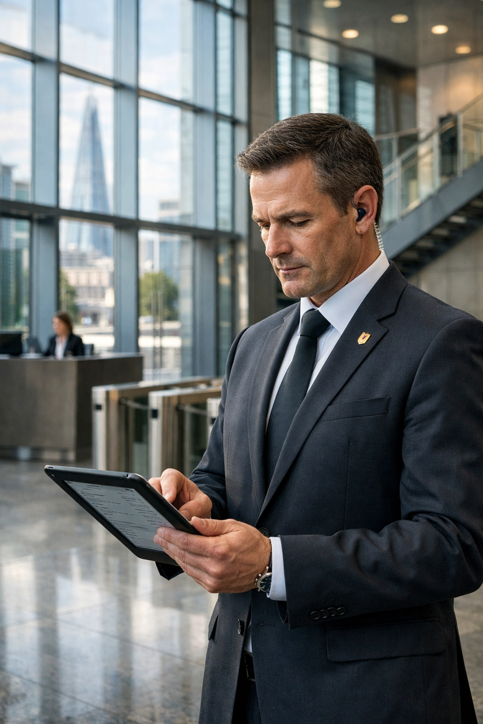 KGFM security supervisor conducting a professional site inspection in a modern London office lobby.
