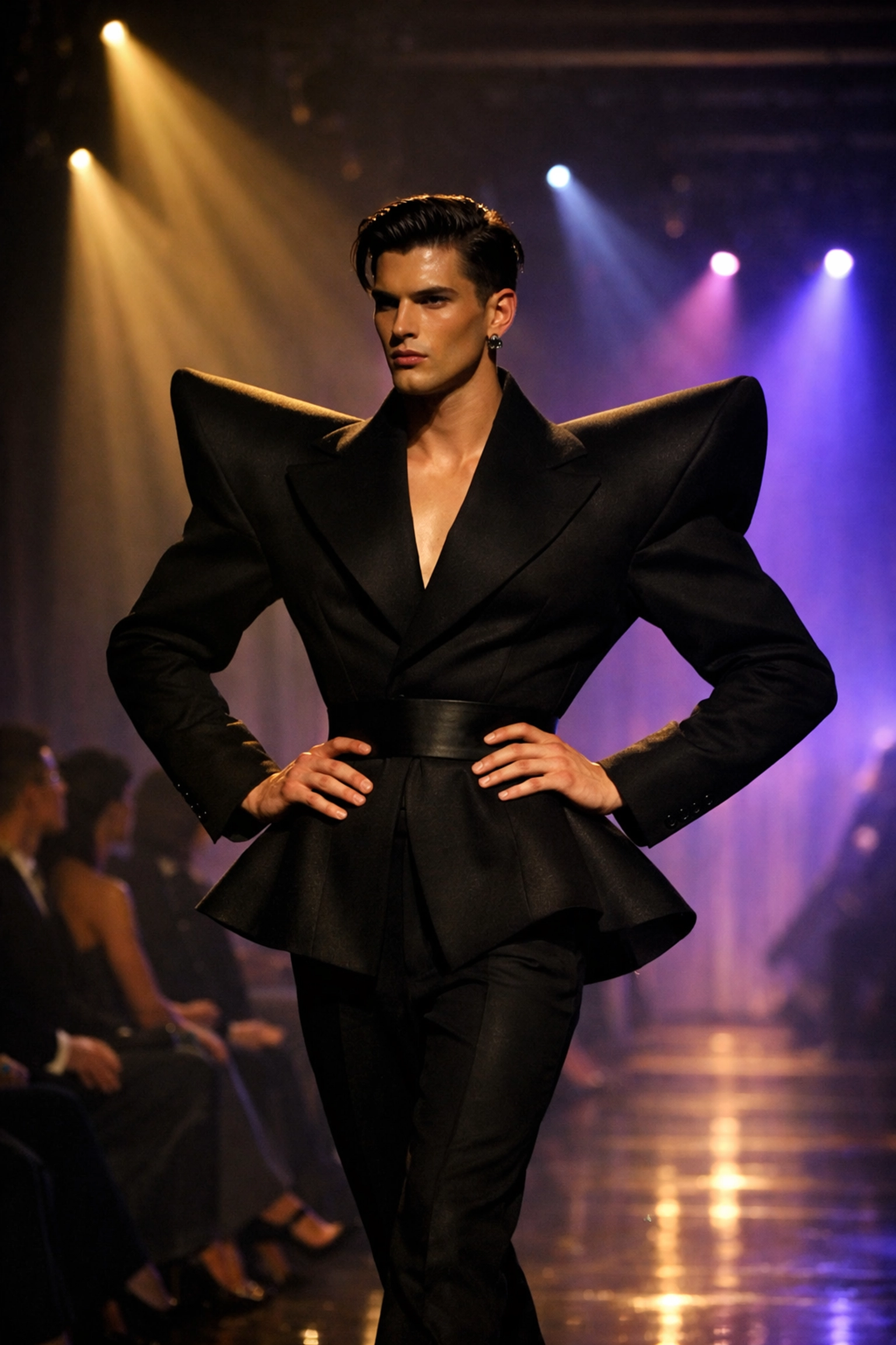 Male model in haute couture runway show wearing sculptural garment inspired by gay designers