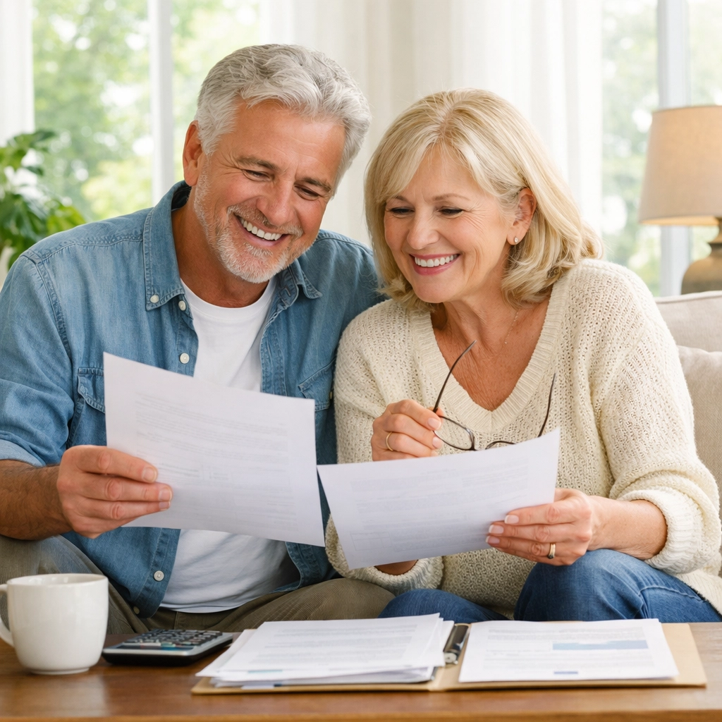 Confident retired couple reviewing their secure retirement income plan together at home