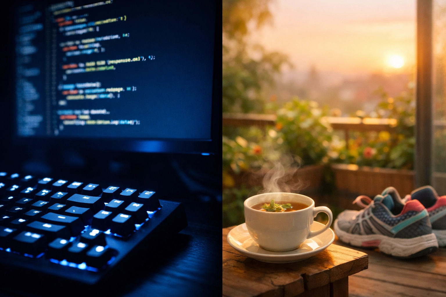 Split view of a coding workstation and a garden view, representing the focused and diffuse modes of study.