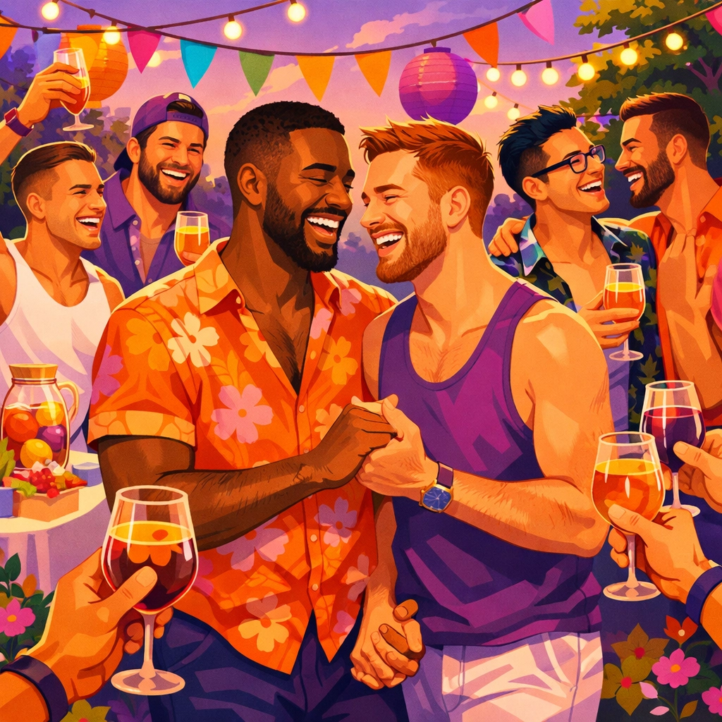 A group of gay men celebrating at a garden party, representing community joy and happy endings in 2026 gay fiction.