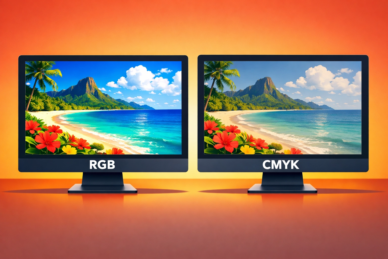 RGB vs CMYK color mode comparison on computer monitors showing color gamut differences