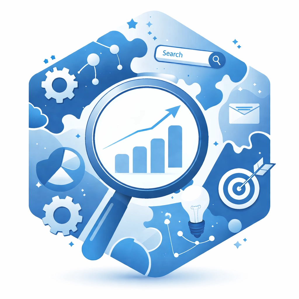 SEO strategy elements connecting together showing keywords, analytics, and optimization working in harmony