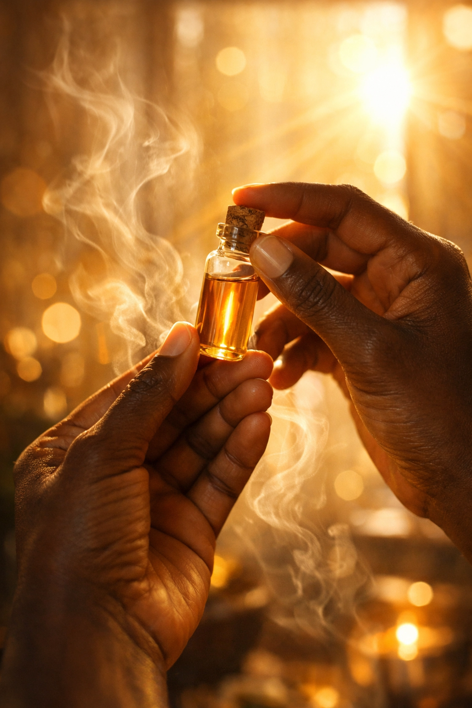 Hands holding essential oil vial in golden sunlight for ancestral healing and aromatherapy