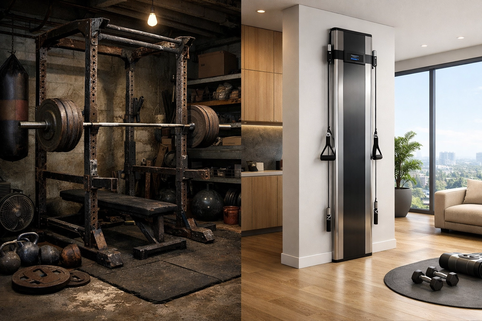 Comparison of a bulky traditional power rack and a versatile floor to ceiling home gym.