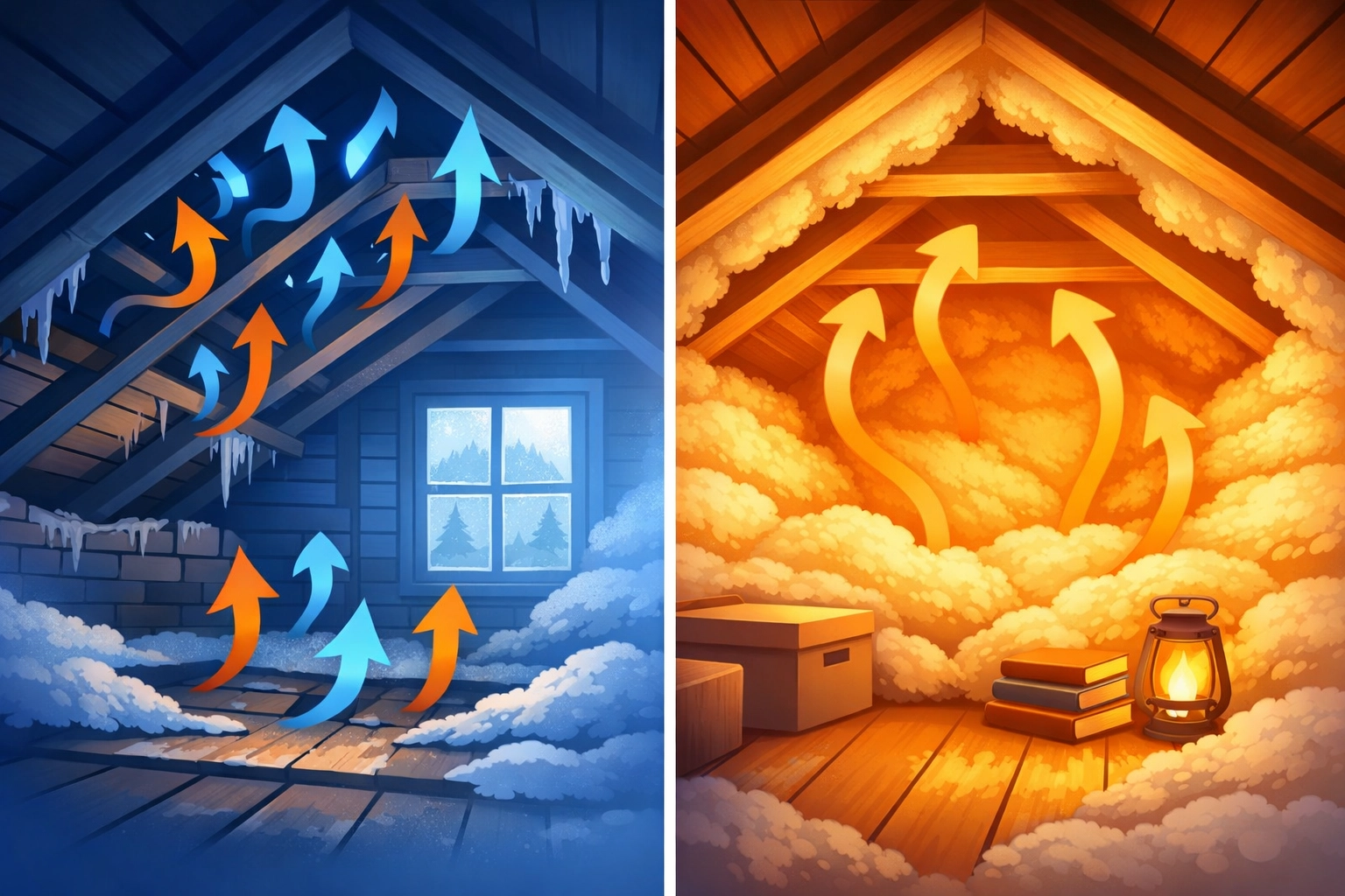 Heat loss diagram comparing thin vs thick loft insulation energy efficiency