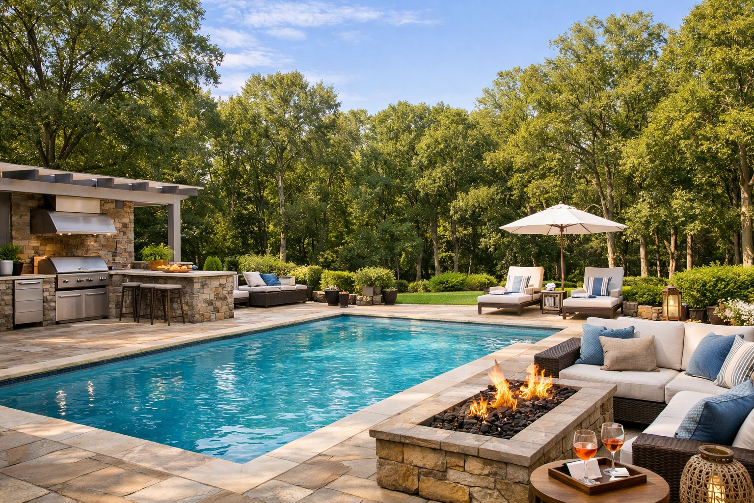 Luxury Weddington backyard with a swimming pool, stone patio, and private wooded acreage in Union County NC.