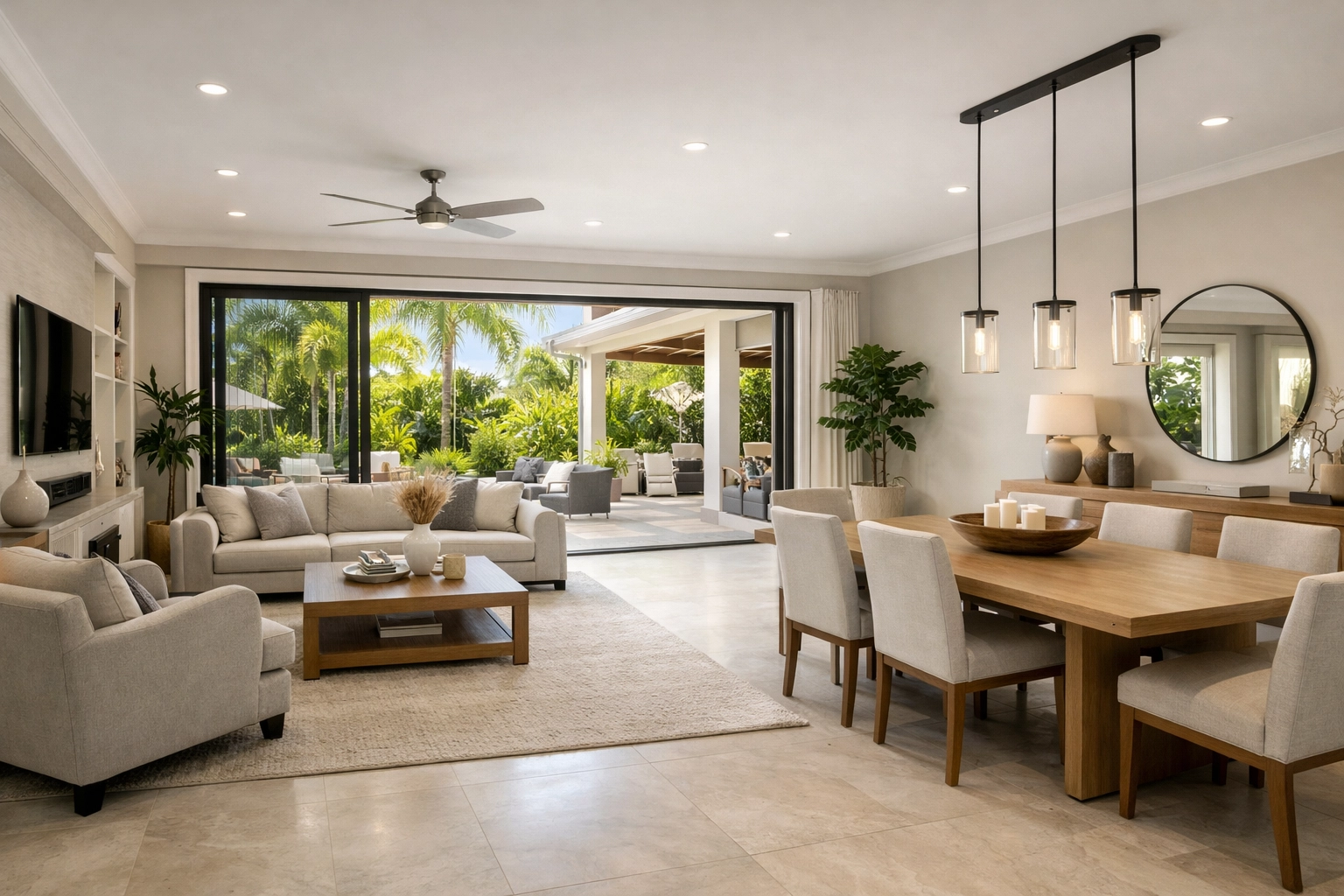 Renovated open-concept living area in Orlando leading to a bright tropical outdoor patio.