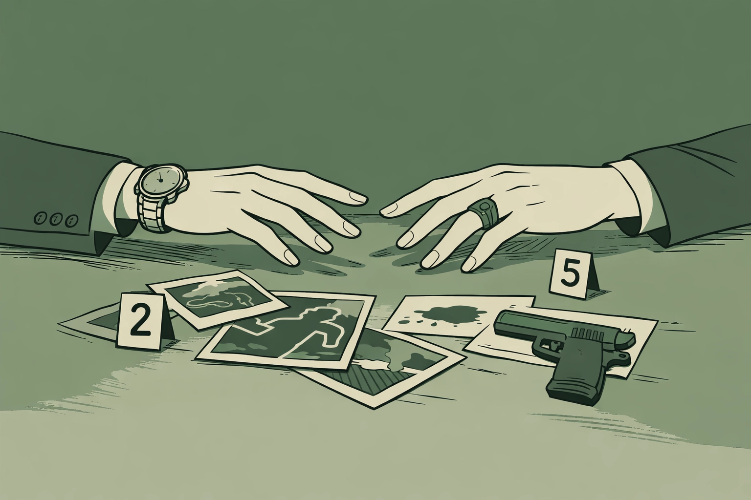 Detective and suspect's hands reach across crime evidence table - gay detective romance fiction