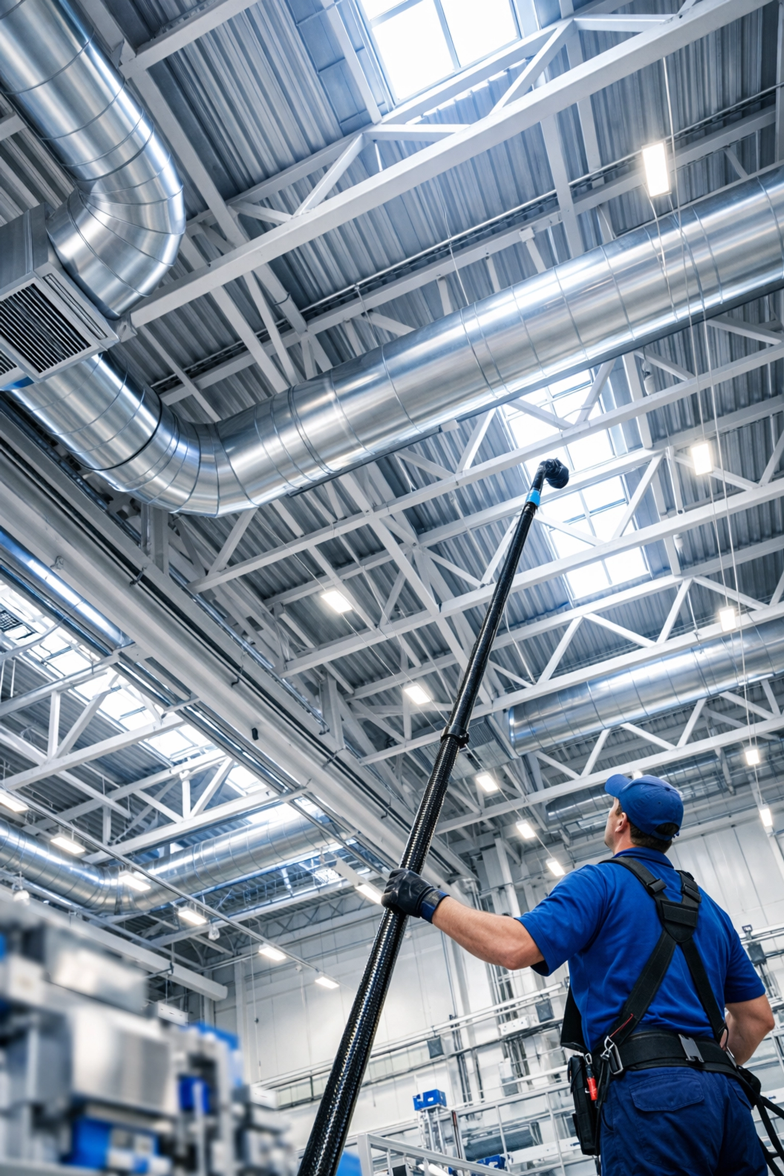 High-level industrial cleaning services removing dust from factory rafters to meet audit standards.