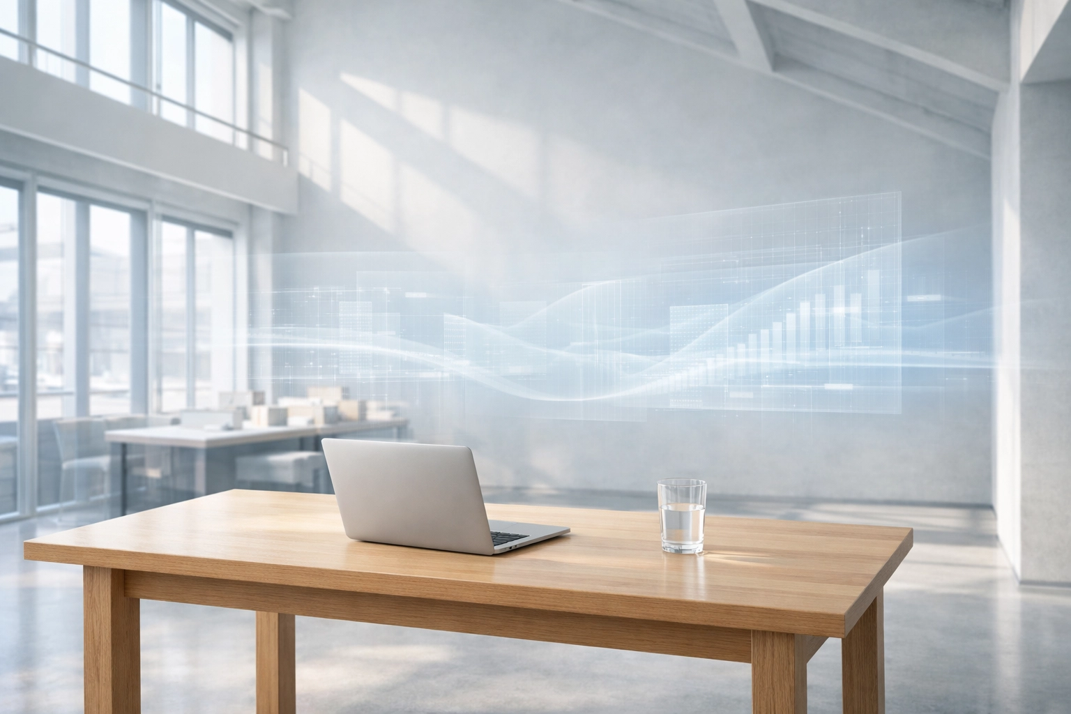 Modern office with digital data layers symbolizing a strategic framework for closing the AI execution gap.