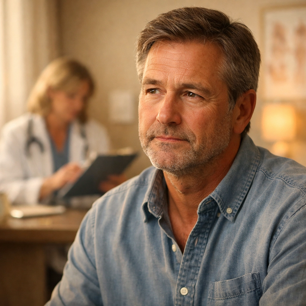 Man consulting with medical provider about andropause symptoms and hormone health evaluation