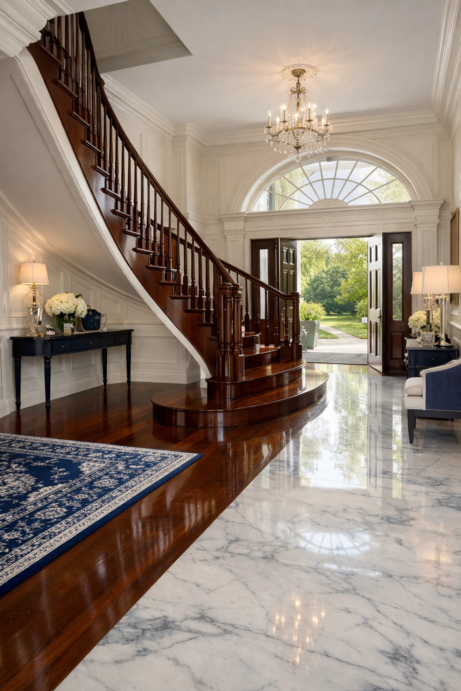 Spotless marble foyer and mahogany stairs showcasing high-end residential cleaning Massachusetts in Dover.