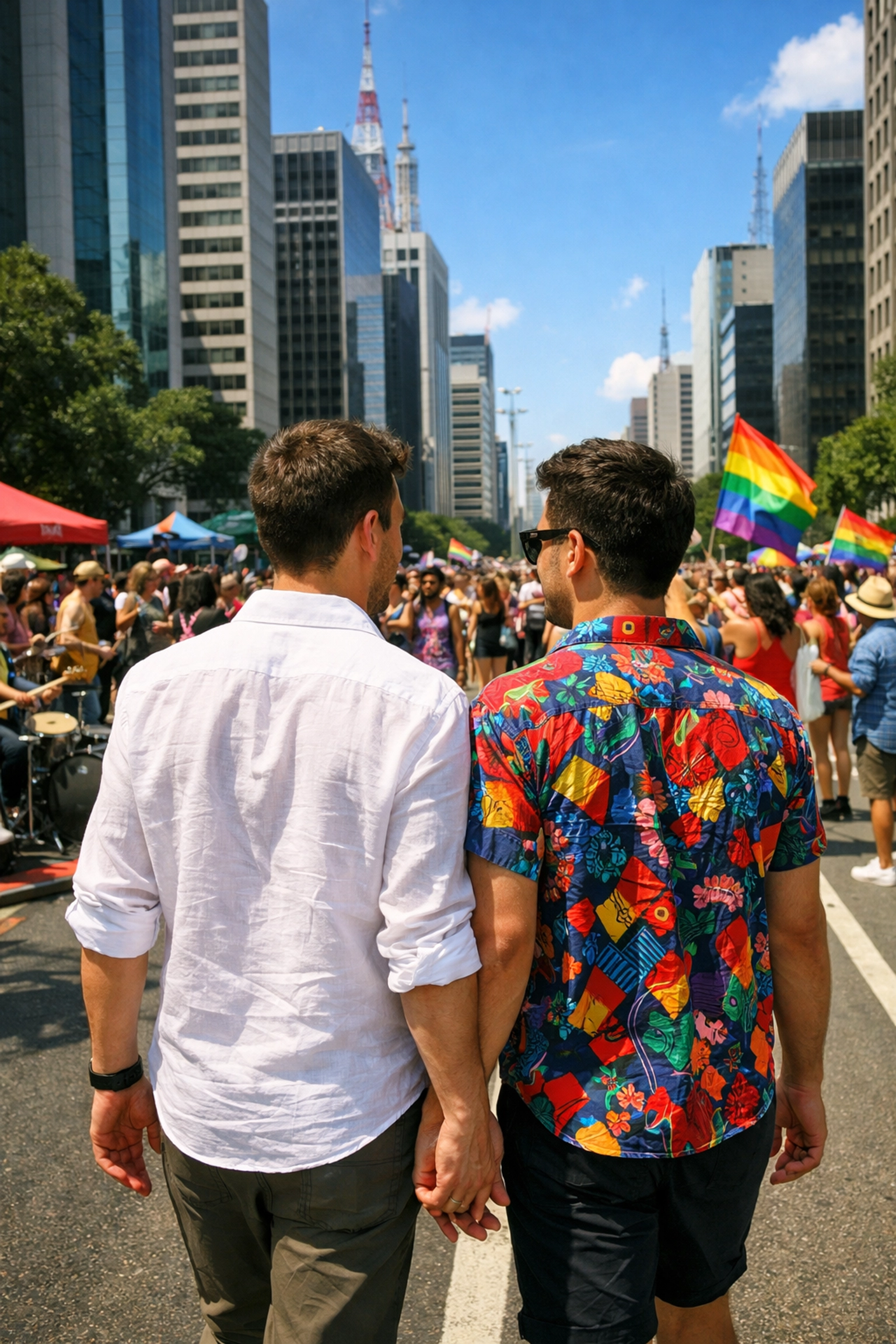 Two men walking together on Avenida Paulista during car-free Sunday LGBTQ celebration
