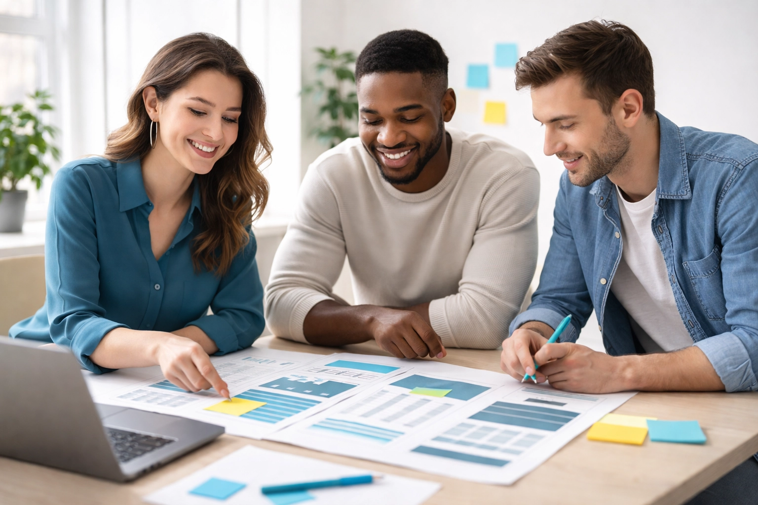 Boutique agency team collaborating on a WordPress website project with mockups and a laptop