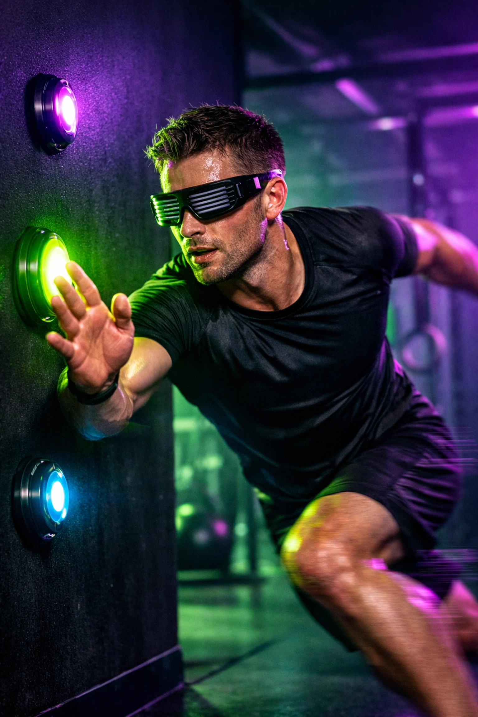 Athlete using LED reaction pods and strobe glasses to test and improve physical reaction speed in a gym.